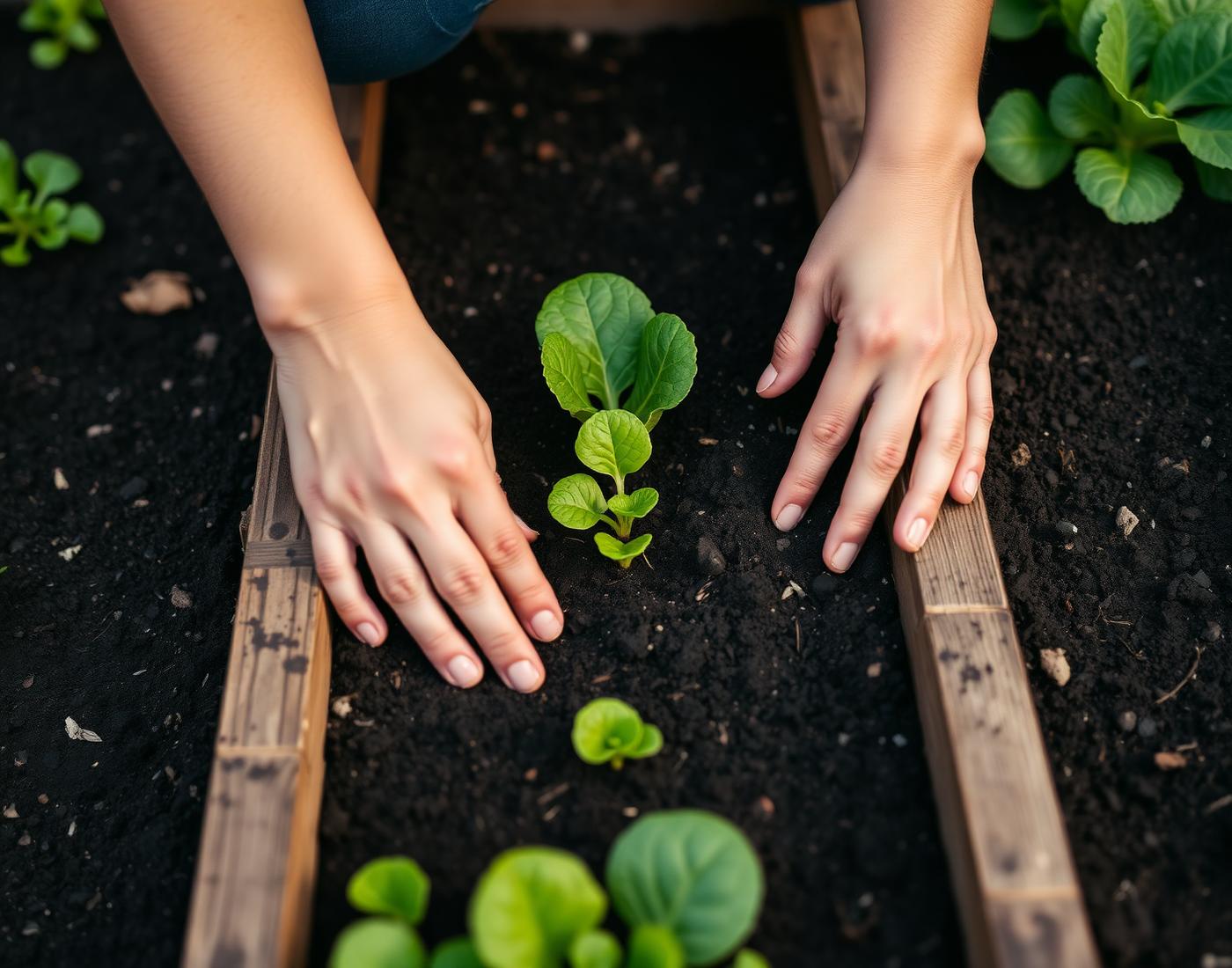 Hands tending young lettuce seedlings in a raised bed